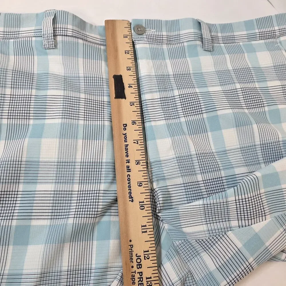 PGA Tour Golf Shorts Mens 38 Blue Plaid Flat Front Slash Pocket Casual Active